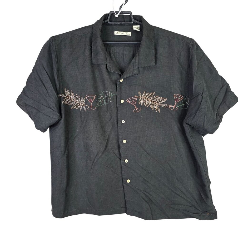 Mens Batik Bay Black Hawaiian Shirt Martini & Leaf Embroidered Button Up XXL